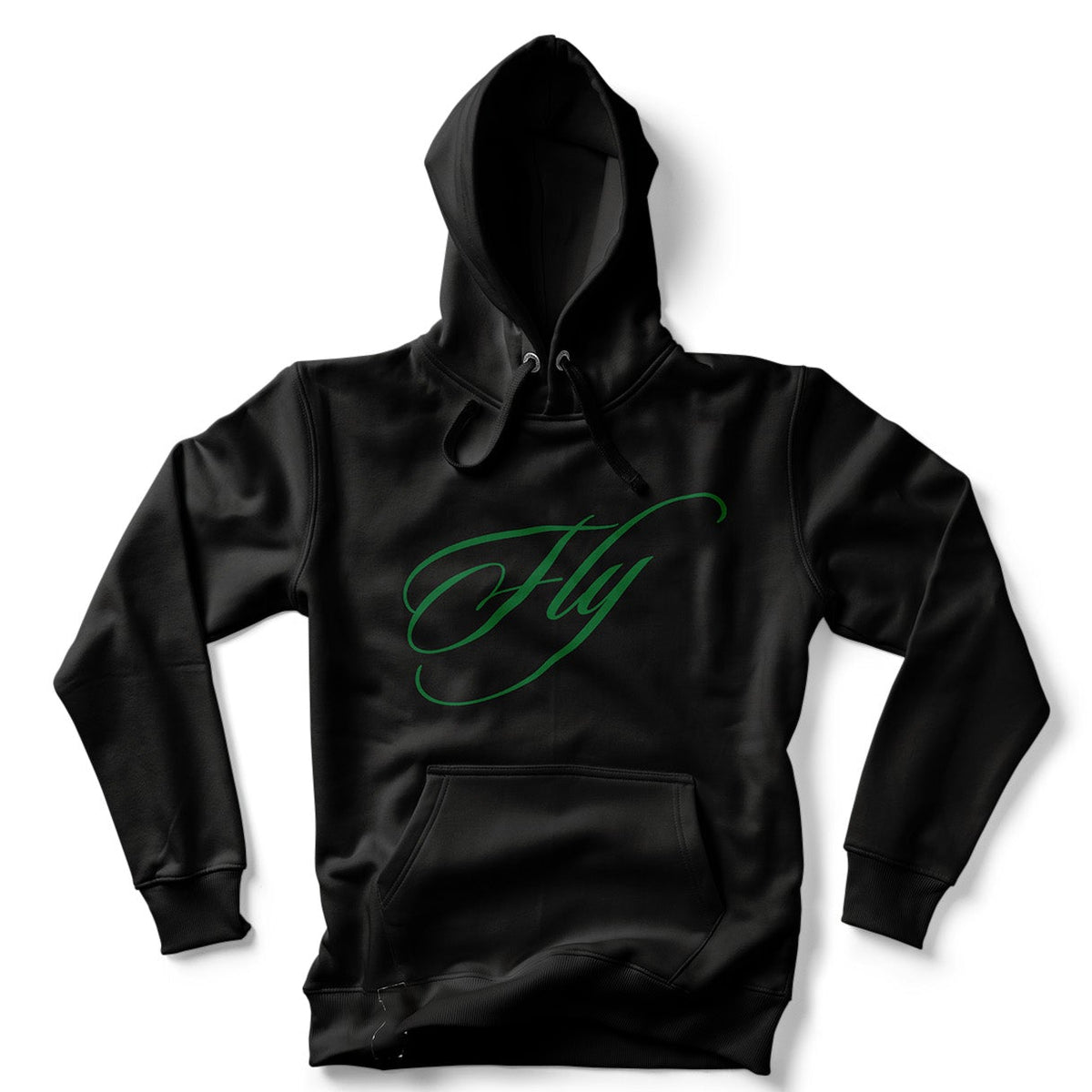 Black hoodie with green text on a white background