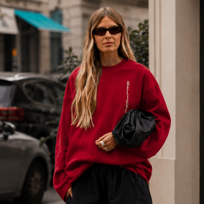 Woman in a red sweater and black shorts standing on a city street.