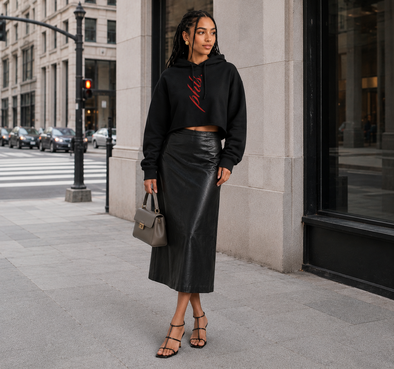 Woman in black hoodie and leather skirt standing on a city street.