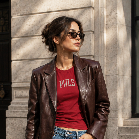 Woman in a leather jacket, red shirt, and blue jeans standing on a city street.