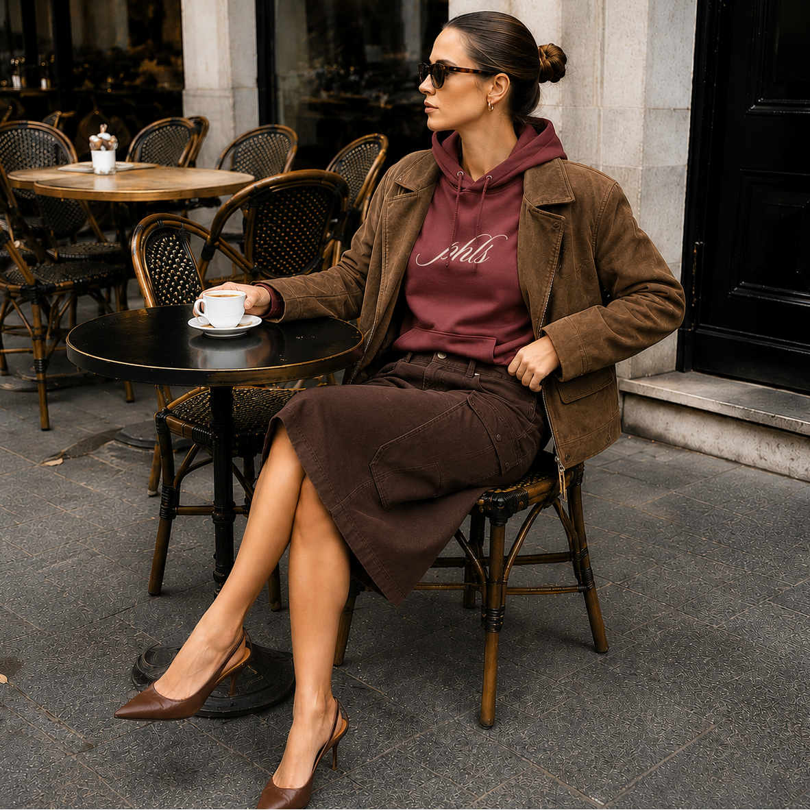 Woman sitting at an outdoor cafe table wearing a brown coat and maroon hoodie.