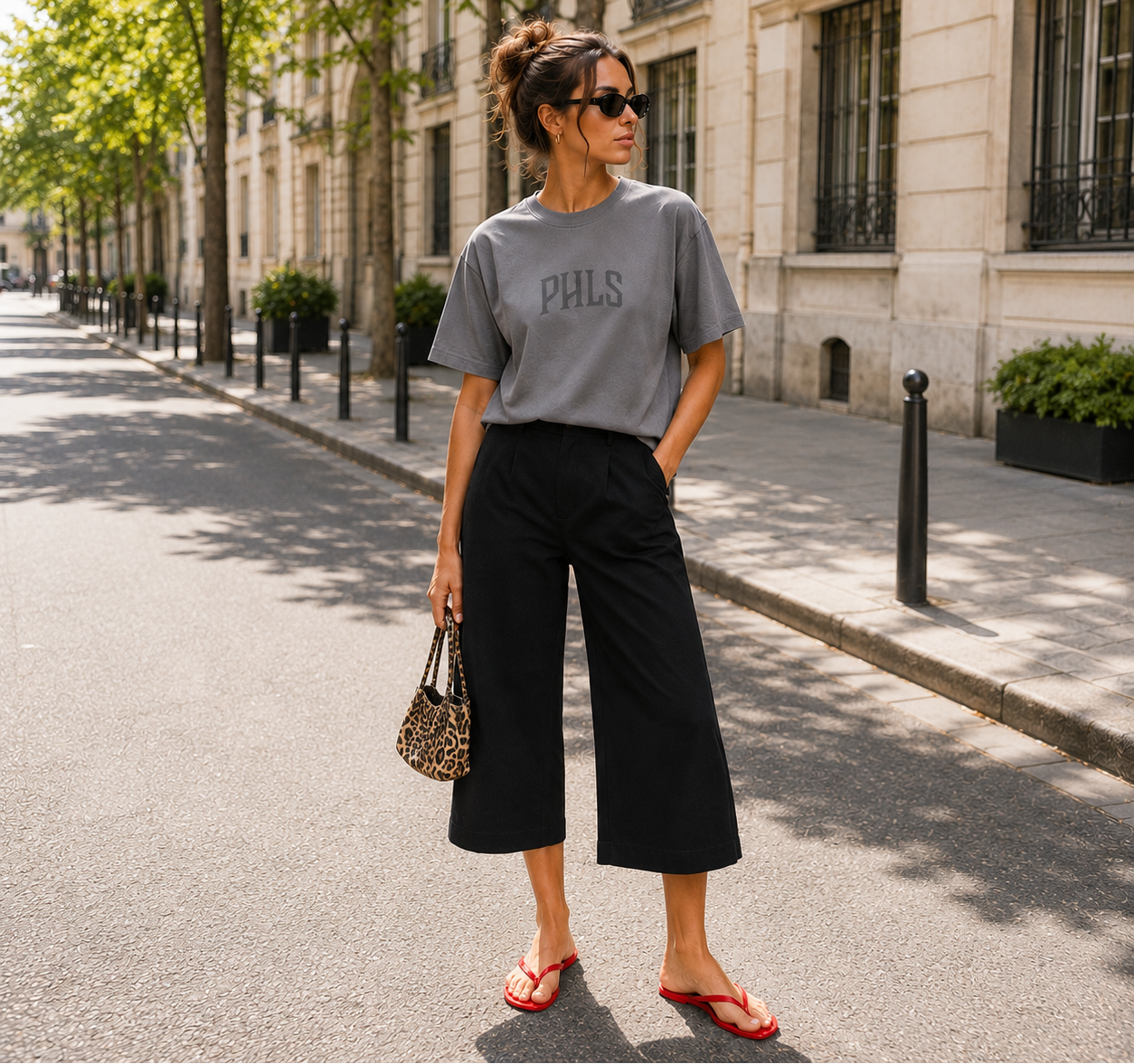 Woman in gray 'PHLS' t-shirt and black pants standing on a city street.