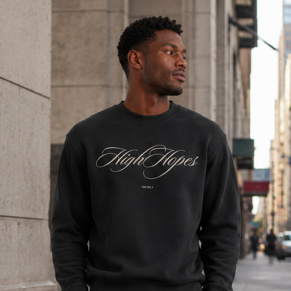 Man wearing a black 'High Hopes' sweatshirt and shorts on a city street.