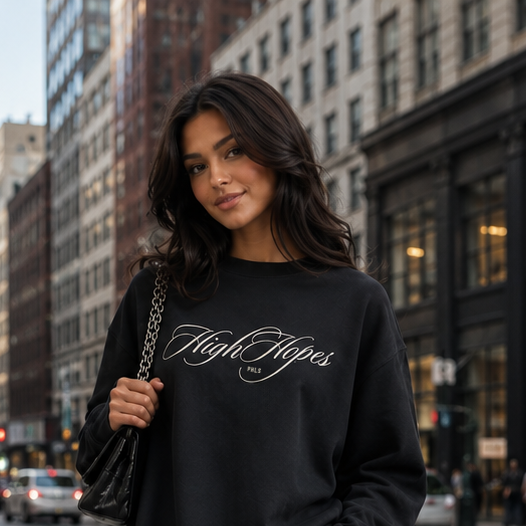 Woman in black sweatshirt and light blue jeans standing on a city street.