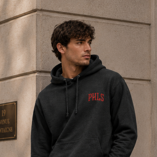 Man wearing a black hoodie with red text, gray jeans, and white sneakers standing against a building.