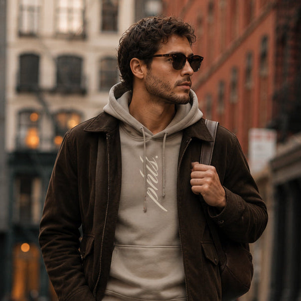 Man walking on a city street wearing a brown jacket, gray hoodie, dark pants, and white sneakers.