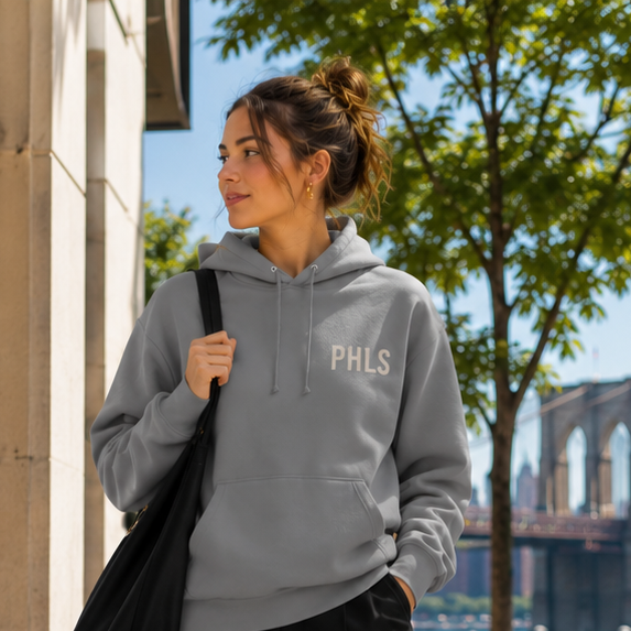 Woman in gray hoodie and black shorts standing in an urban park with a city skyline in the background