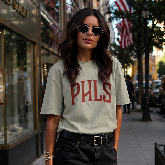 Woman walking on a city street wearing a 'PHILS' t-shirt and black shorts.