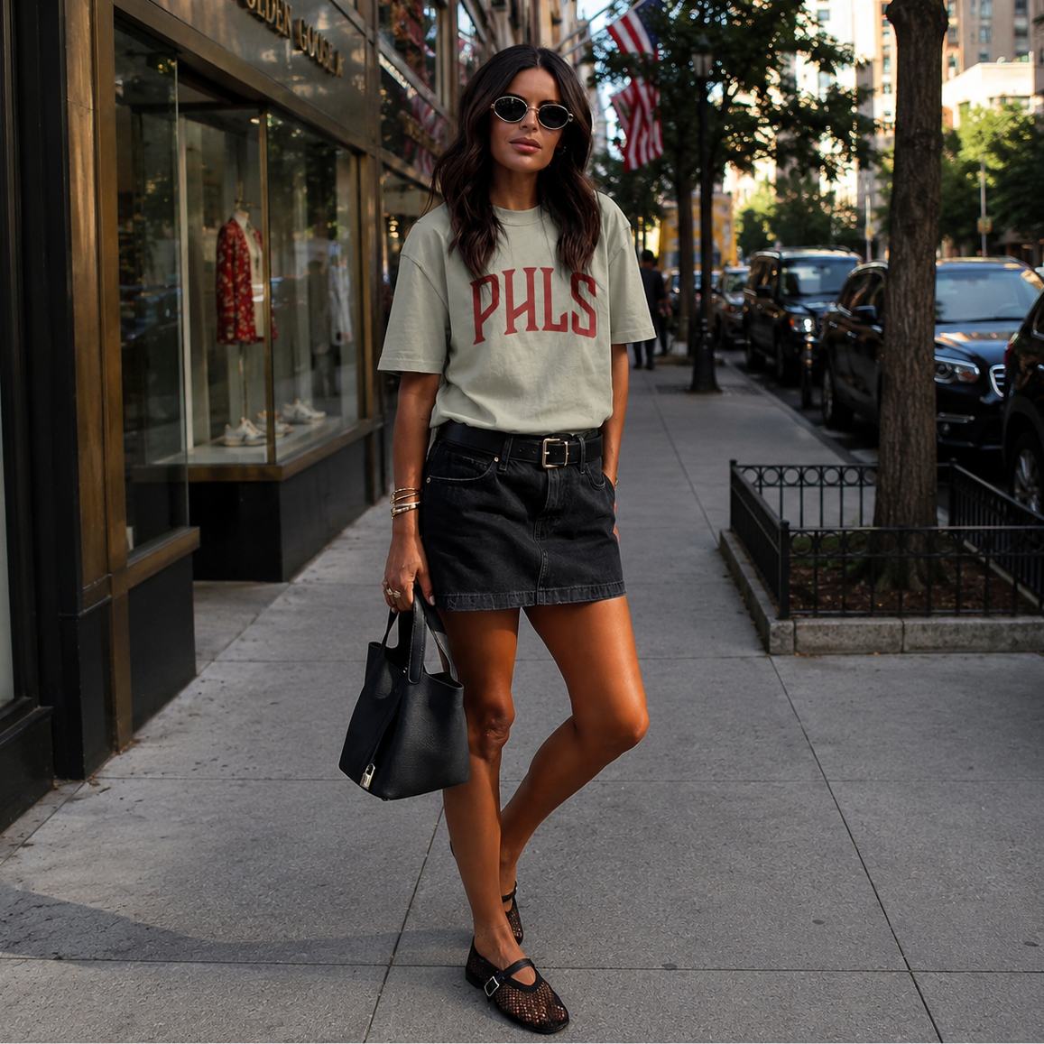 Woman wearing a 'PHLs' t-shirt and black shorts on a city street.