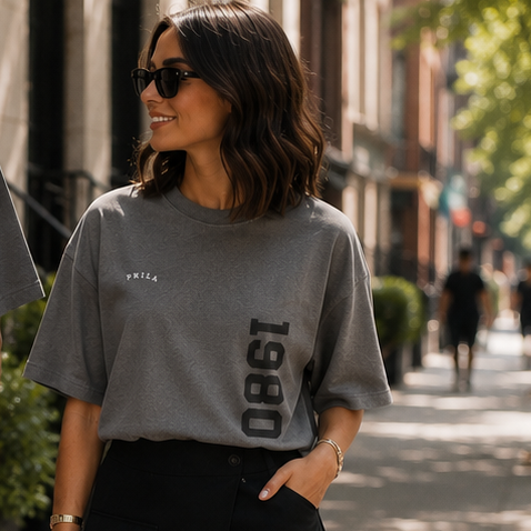 Two people walking down a street, both wearing matching gray t-shirts with '1980' printed on them.