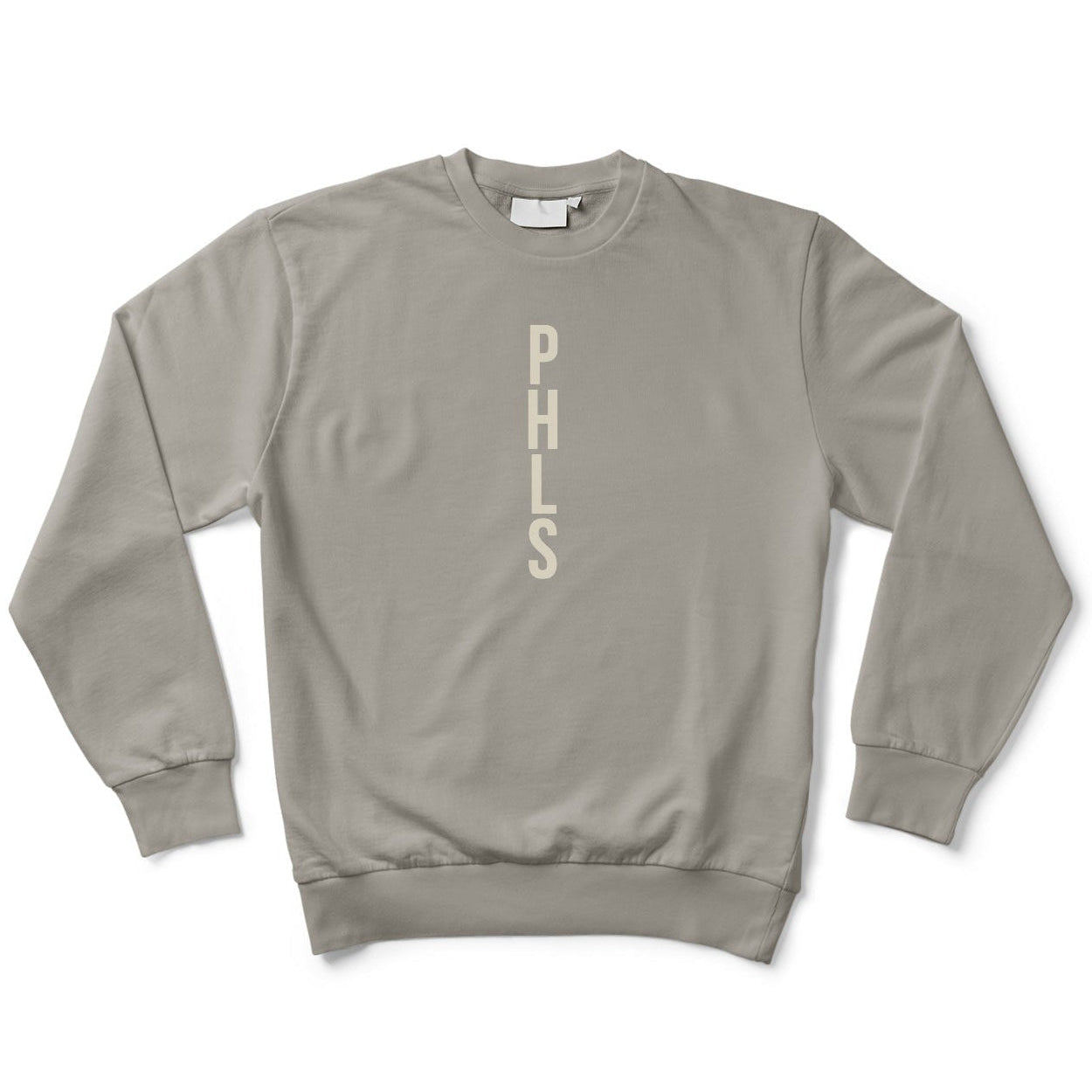 Gray sweatshirt with 'PHLS' text on a white background