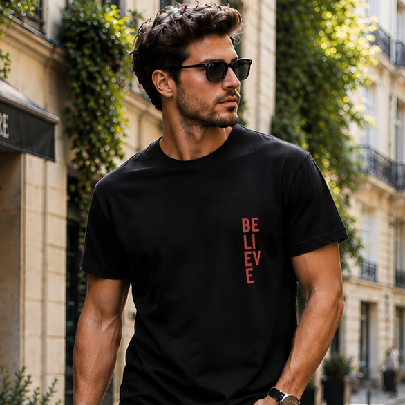 Man walking on a street in an urban setting wearing a black t-shirt with text and dark jeans.