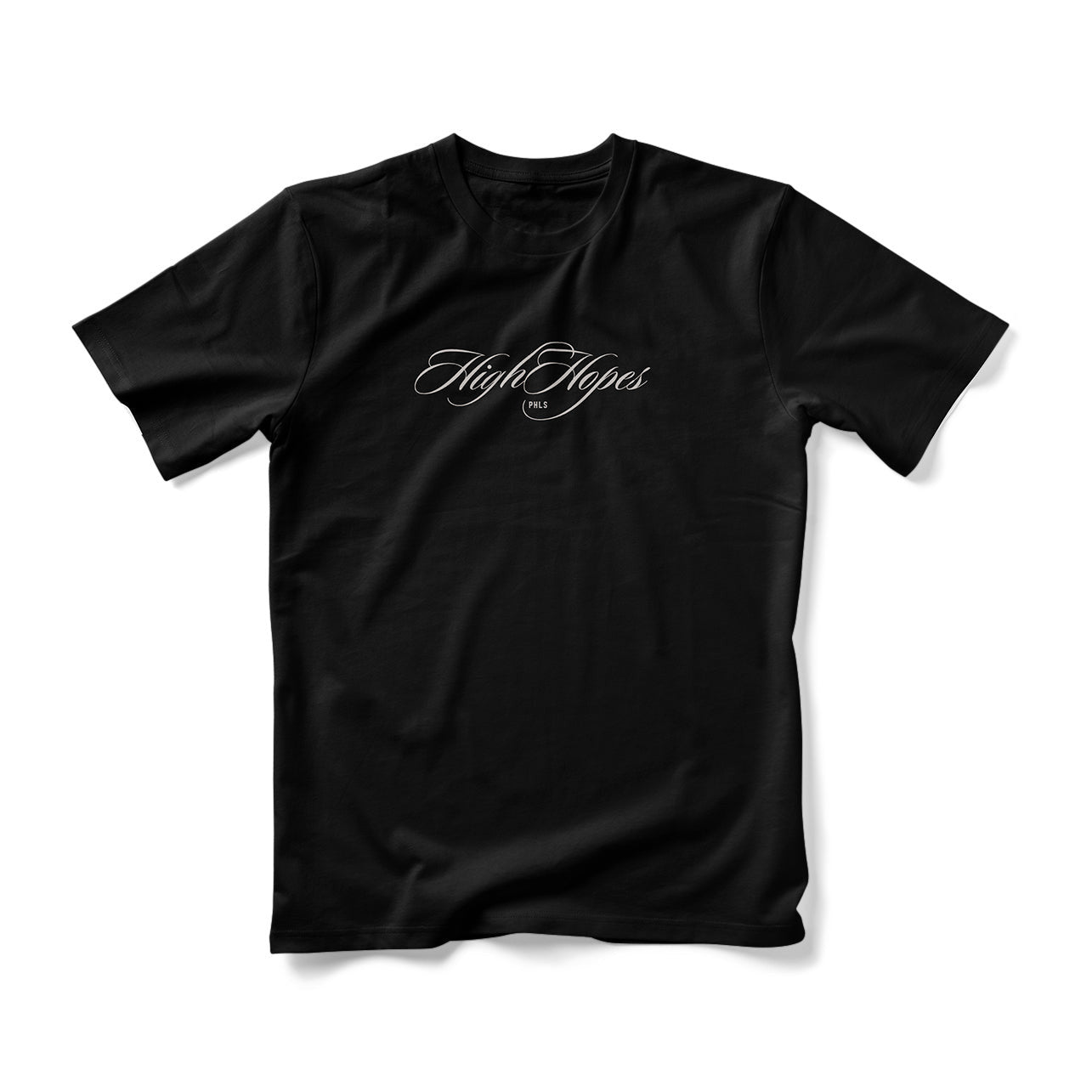 A black short-sleeve crewneck t-shirt with a High Hopes script logo on the center chest, displayed flat against a white background.