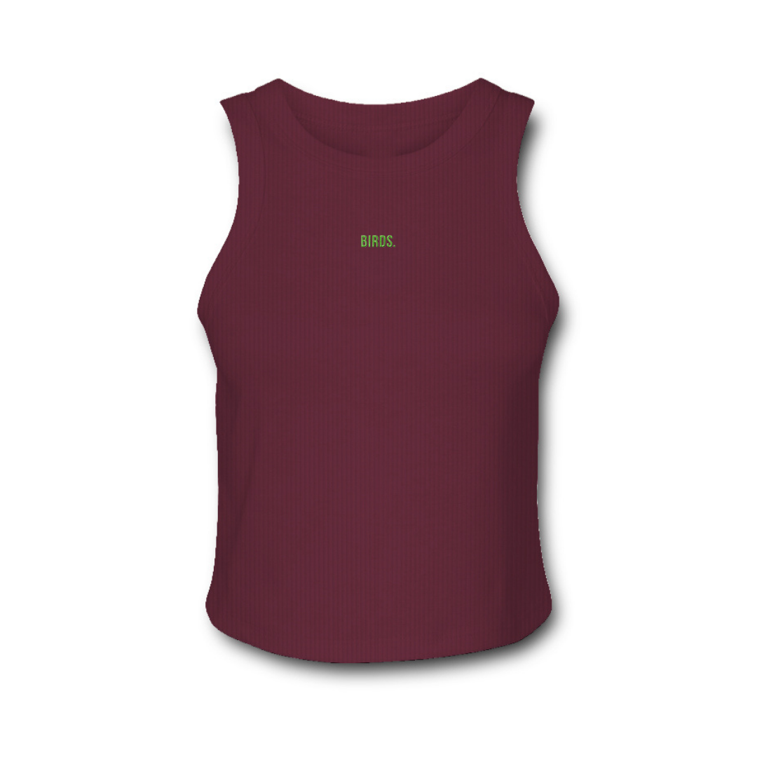 Fly Society 215 Birds embroidered micro-rib racerback tank, detail of the embroidery.