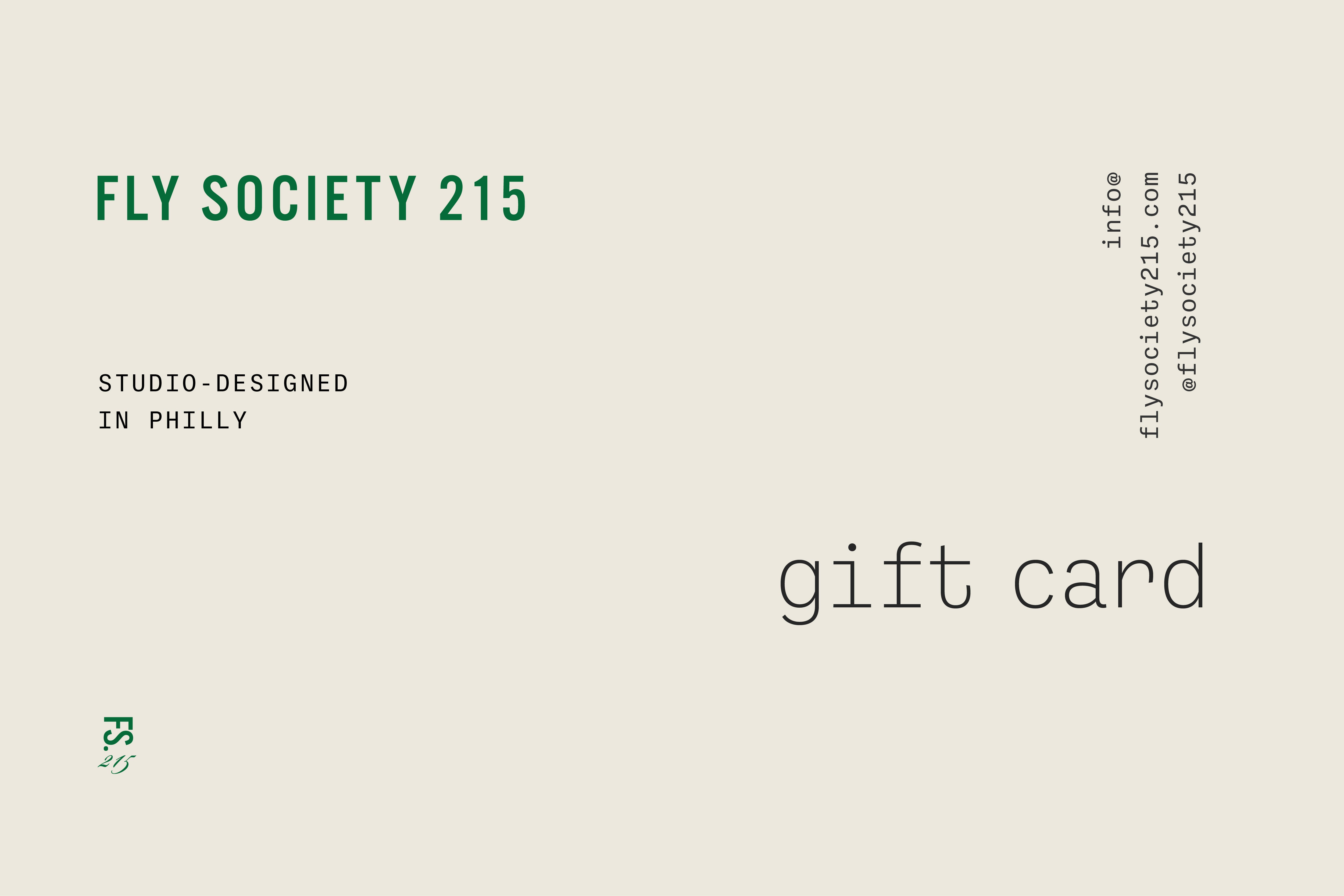 Fly Society 215 gift card with branding and contact information on a beige background