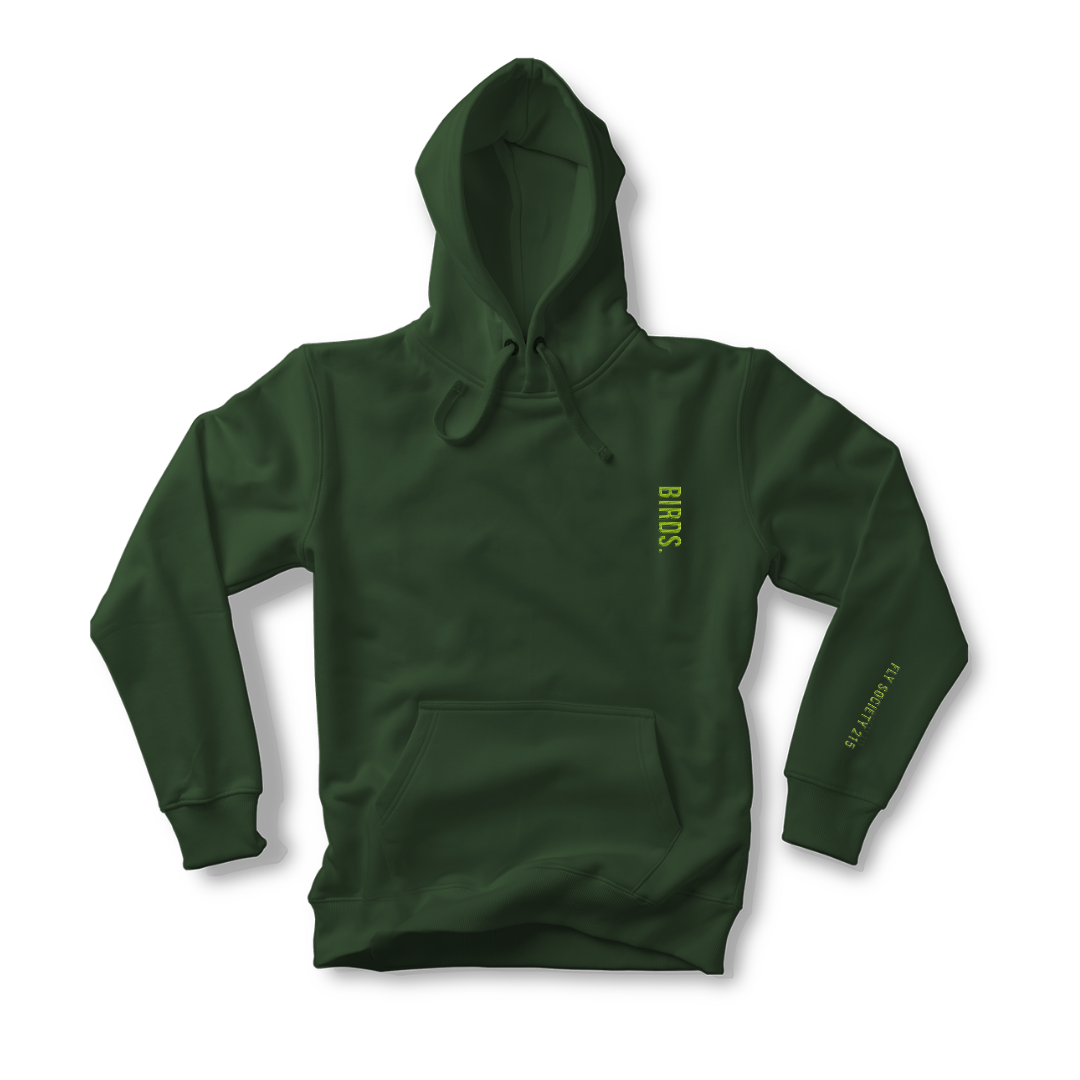 Fly Society 215 lime embroidery heavyweight hoodie, detail of the embroidery.