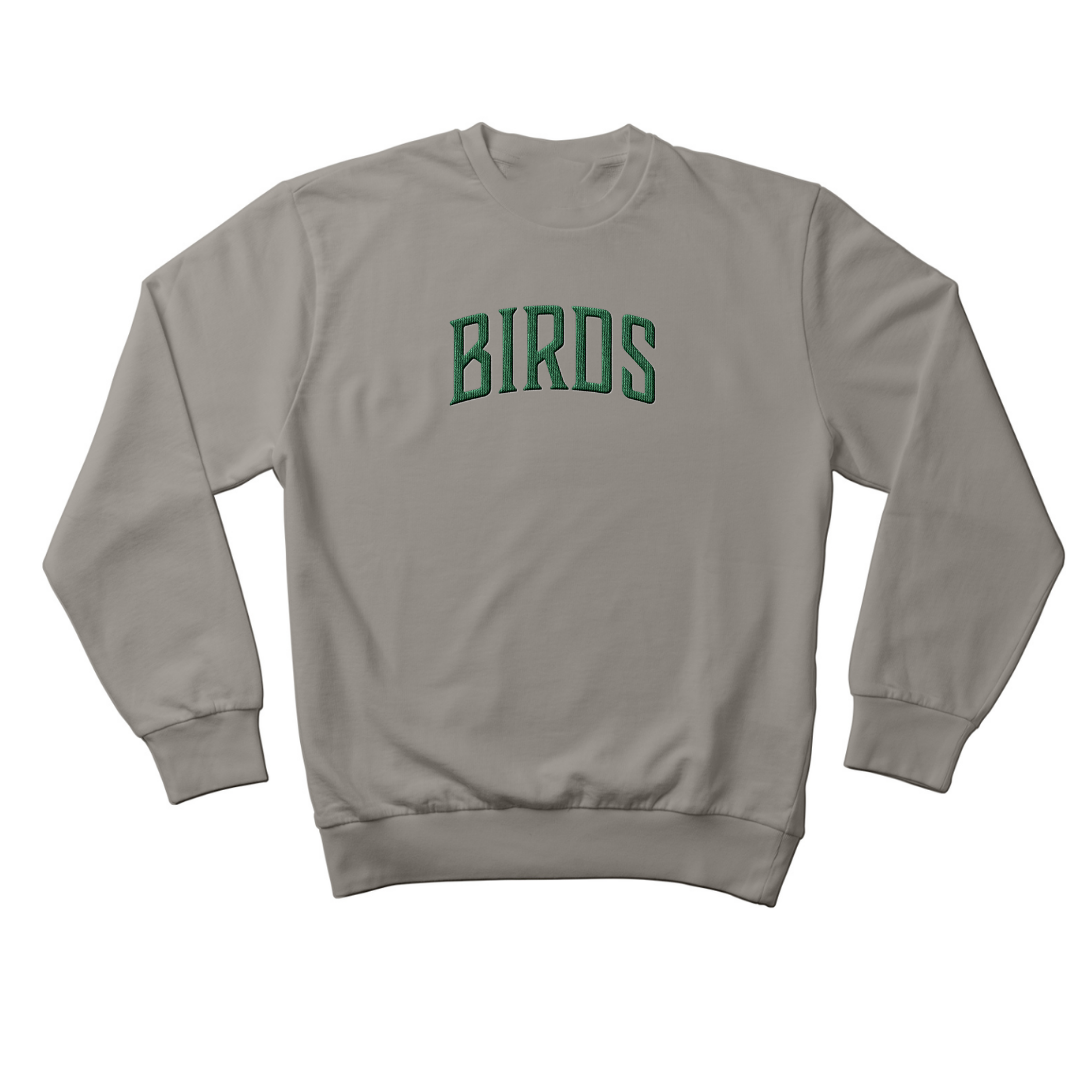 Fly Society 215 Birds faux chenille patched crewneck, detail of the patch.