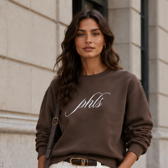 Woman in a brown sweatshirt and white shorts standing on a city street.