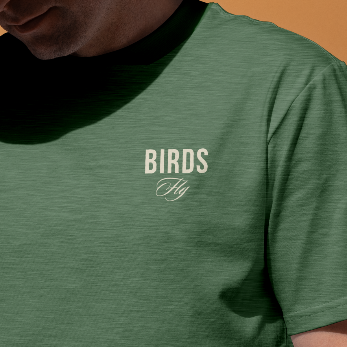 Green t-shirt with 'BIRDS Fly' text on a person against a brown background