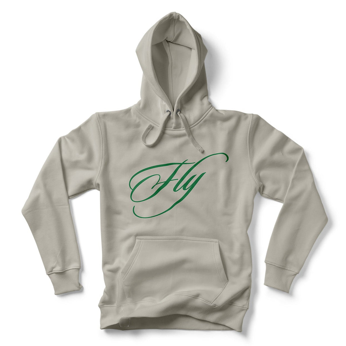Beige hoodie with green 'FLY' logo on a white background