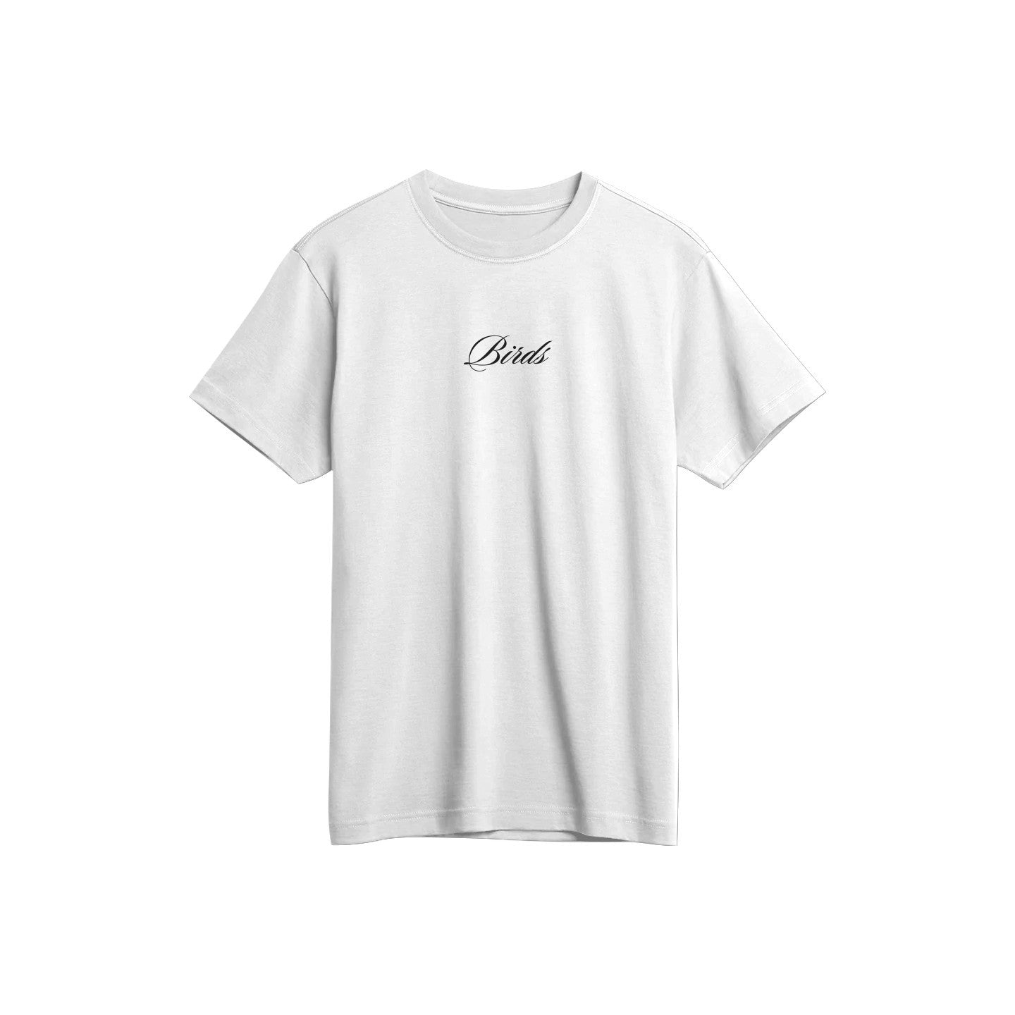 Fly Society 215 Birds script Supima tee, detail of the script graphic.