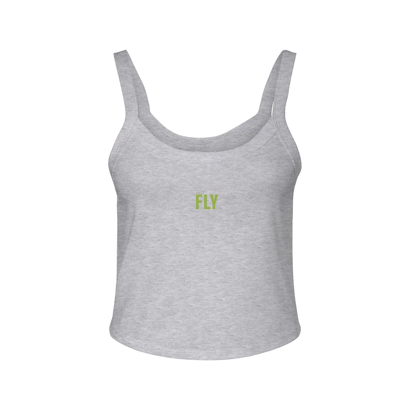 Fly Society 215 FLY embroidered spaghetti strap tank, detail of the embroidery.