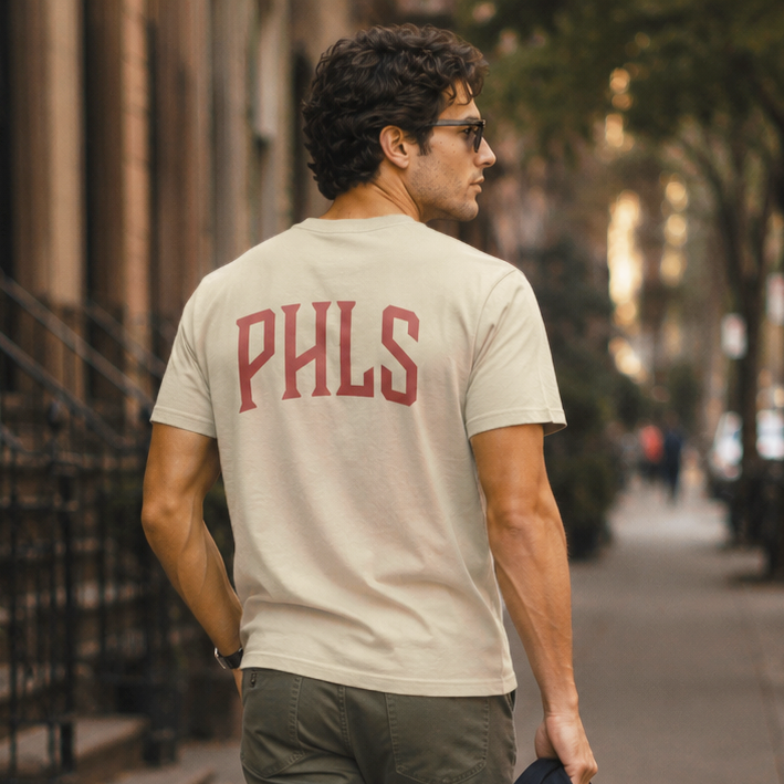Man walking down a street wearing a beige t-shirt with 'PHLS' on the back.