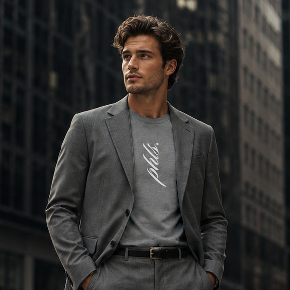 Man in a gray suit standing on a city street with tall buildings in the background