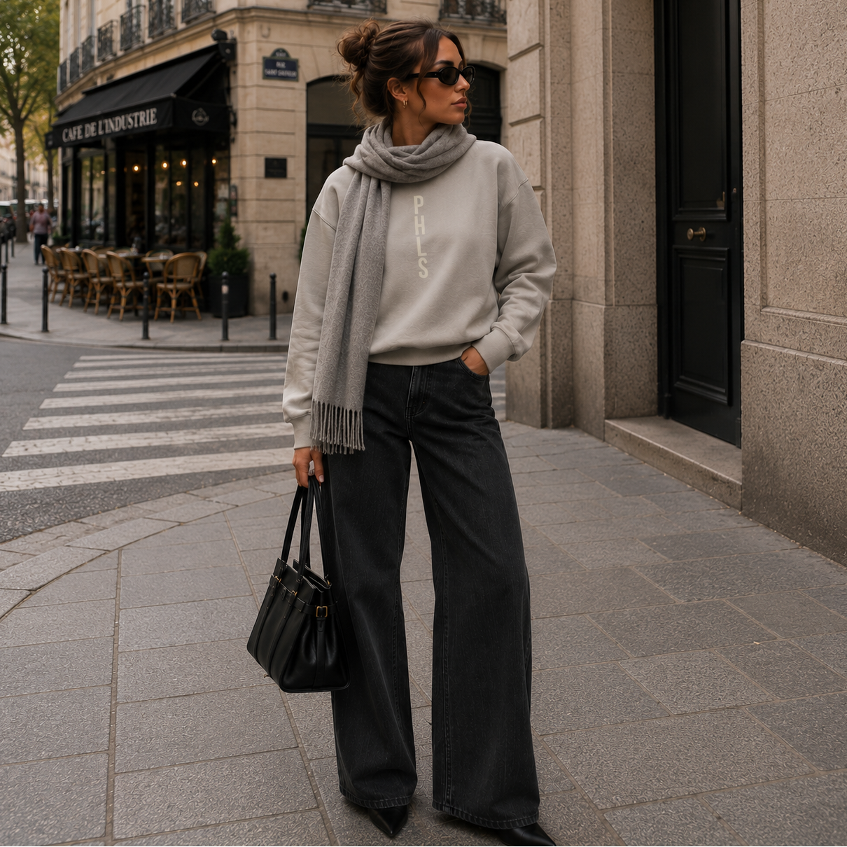 Woman in a gray sweater and black pants standing on a city street.