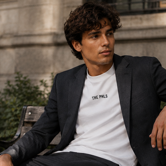 Man sitting on a bench wearing a suit and white sneakers in an urban setting