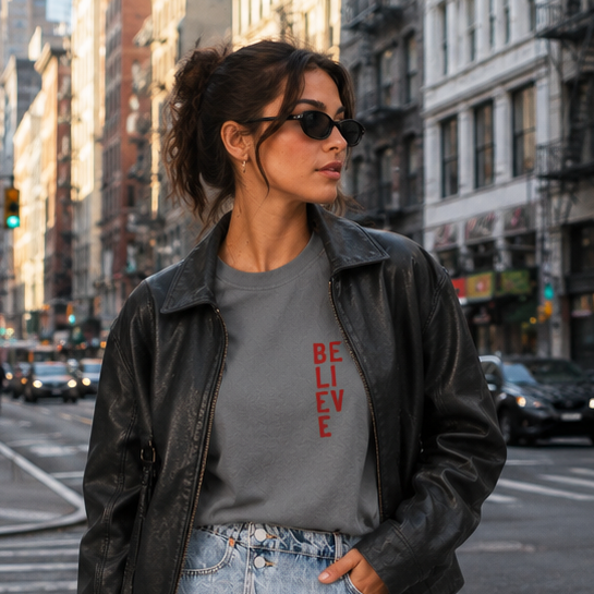 Woman standing on a city street wearing a black leather jacket, gray t-shirt, denim shorts, and white sneakers.