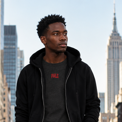 Man standing on a city street with tall buildings and taxis in the background