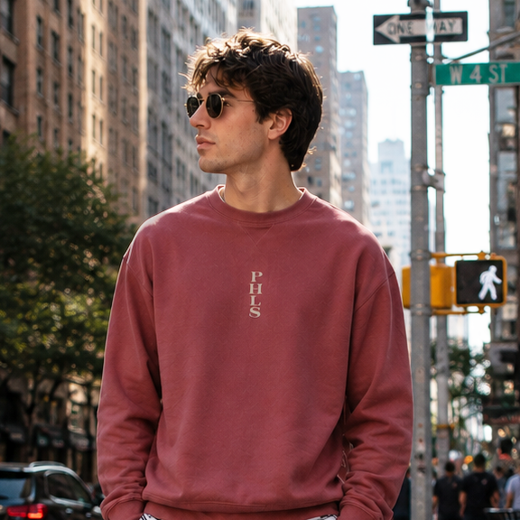 Man in a red sweatshirt and black shorts standing on a city street.