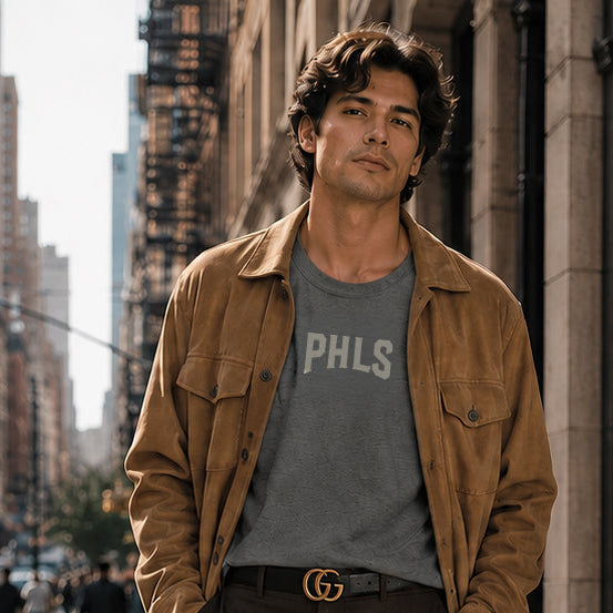 Man standing on a city street wearing a tan jacket and dark pants.