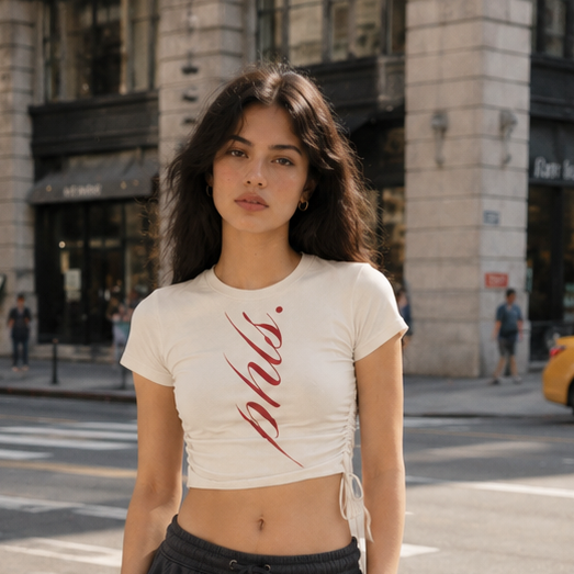 Woman standing on a city street with a yellow taxi in the background