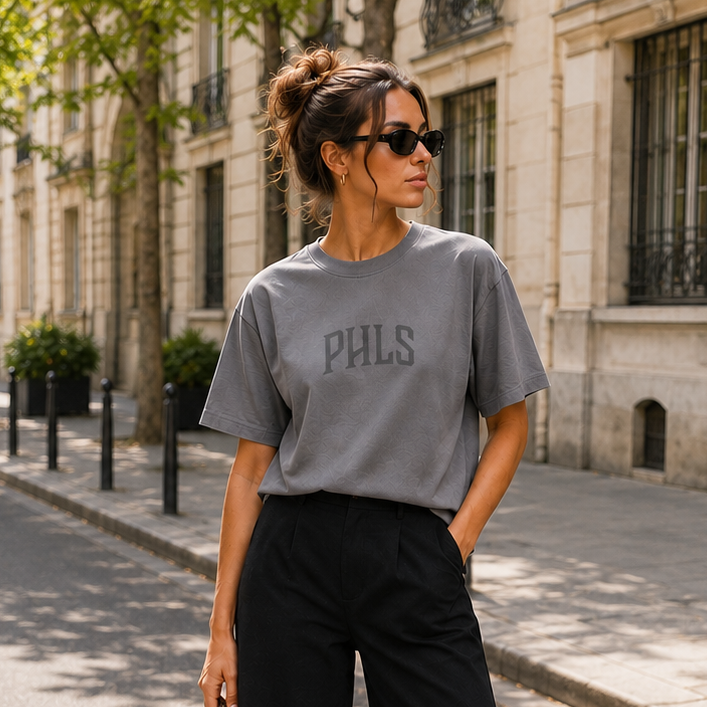 Woman in gray 'PHLS' t-shirt and black pants standing on a city street.