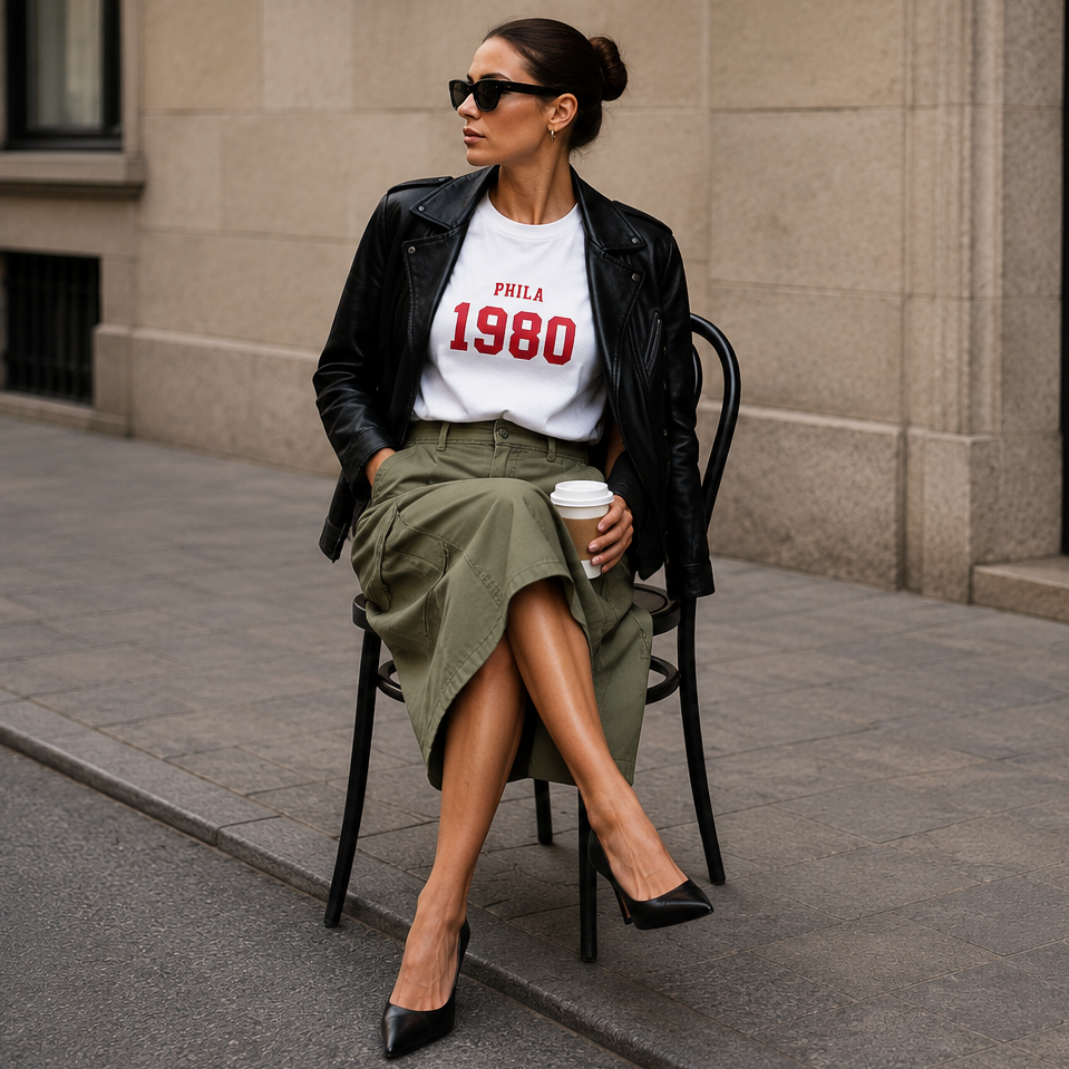 Woman sitting on a chair wearing a black leather jacket, white t-shirt with red text, green skirt, and black shoes, holding a coffee cup.
