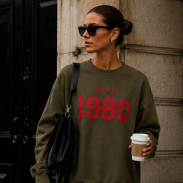 Woman walking outdoors wearing a green sweatshirt with '1980' printed on it.