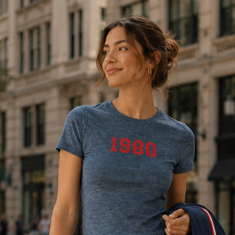 Woman in a blue t-shirt and dark pants standing on a city street corner.