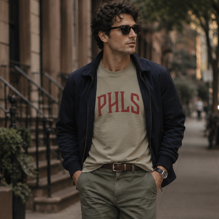 Man walking on a sidewalk wearing a beige 'PHLS' shirt, green pants, and sunglasses.