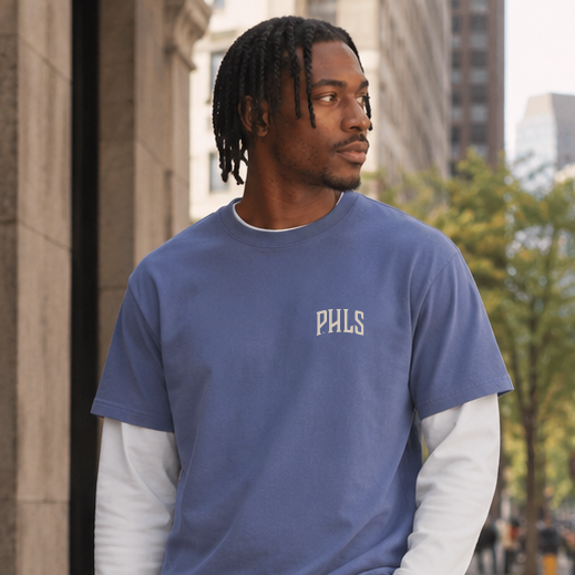 Man standing on a city sidewalk wearing a blue and white layered shirt, gray shorts, and blue sneakers.