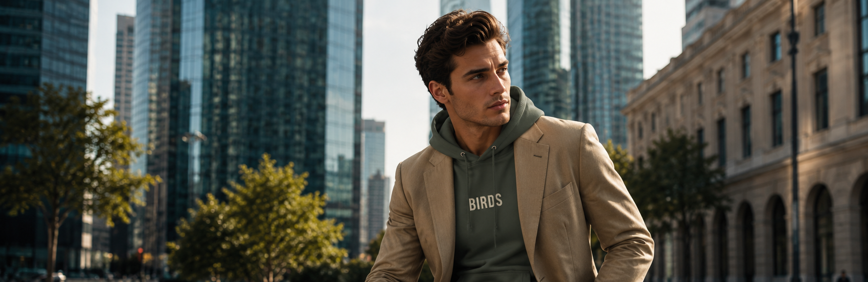 Man sitting on a bench in an urban setting with modern buildings in the background