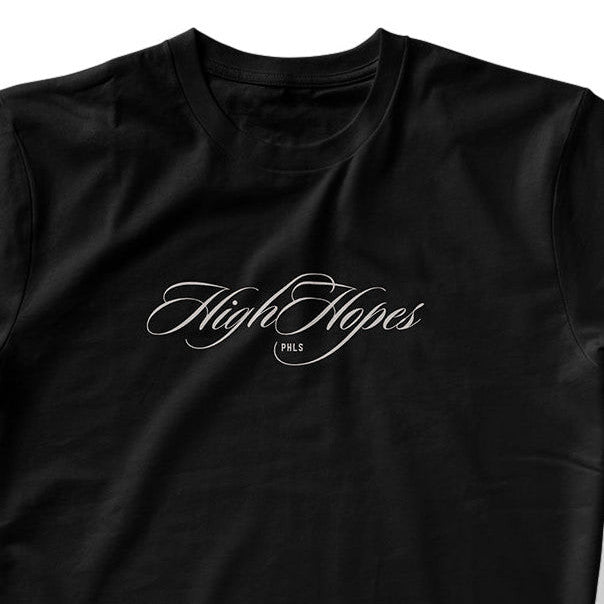 A black short-sleeve crewneck t-shirt with a High Hopes script logo on the center chest, displayed flat against a white background.