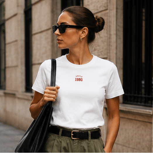 Woman wearing a white t-shirt with text, holding a black bag, standing against a building.