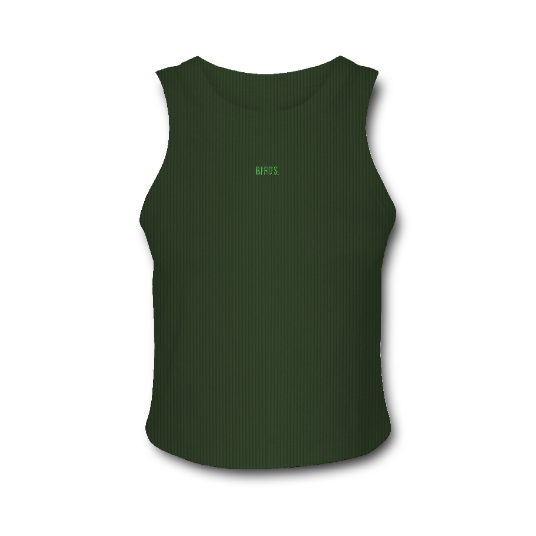 Fly Society 215 Birds embroidered micro-rib racerback tank, second colorway, detail view.