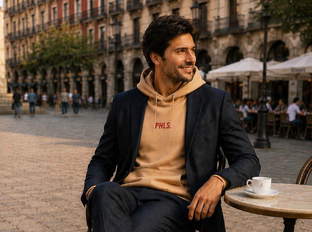 Man sitting at an outdoor cafe table in a city square, wearing a beige hoodie with 'PHL' logo.