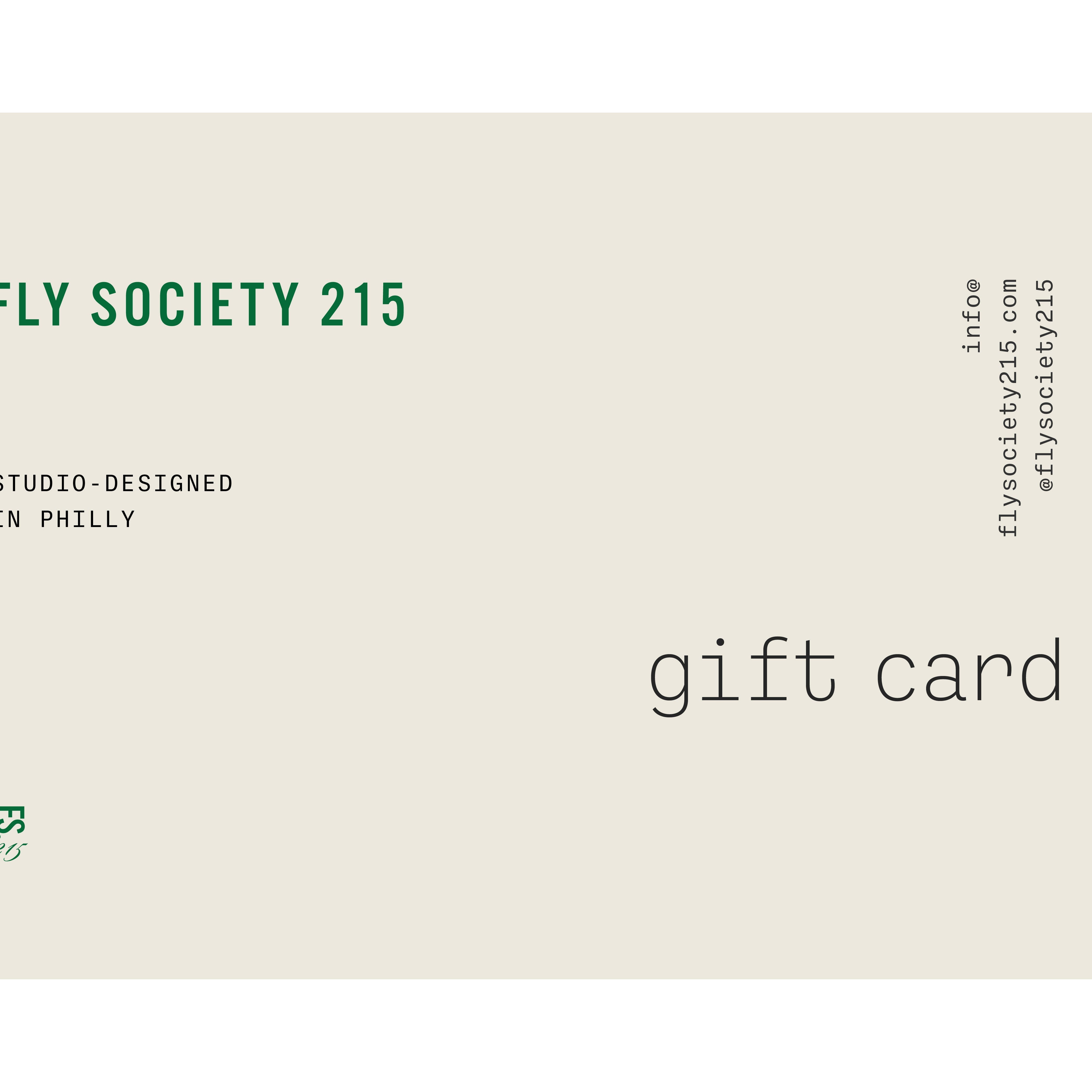 Fly Society 215 gift card with branding and contact information on a beige background