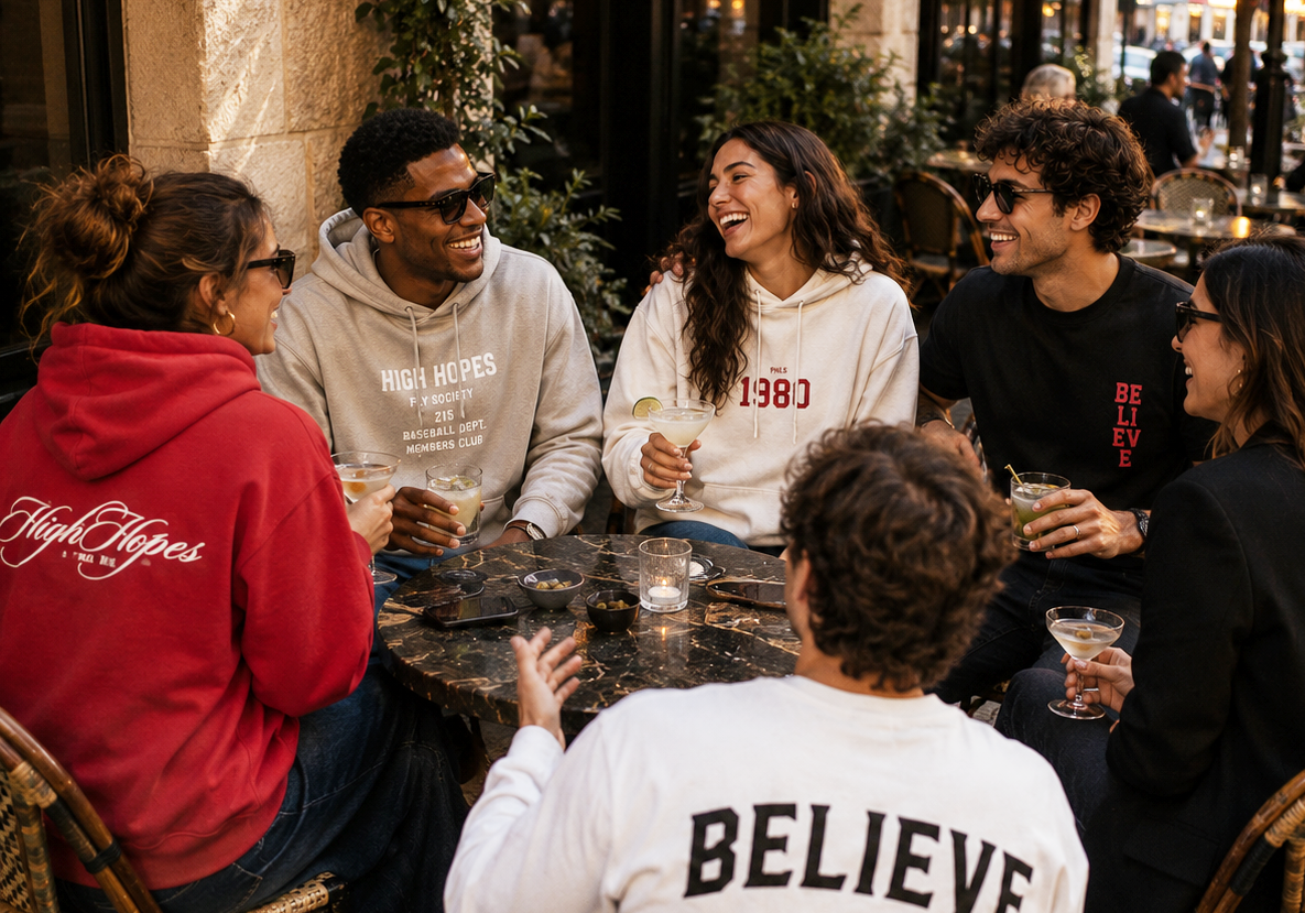 Group of people sitting around a table outdoors, enjoying drinks and conversation.