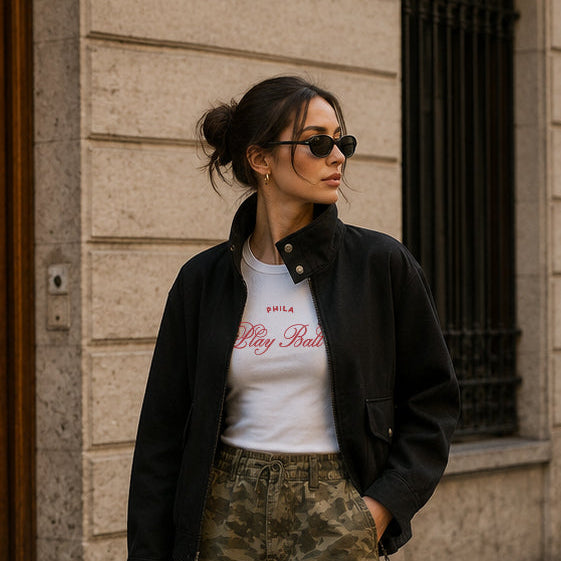 Woman walking on a street wearing camouflage pants, black jacket, and white shirt with red text.